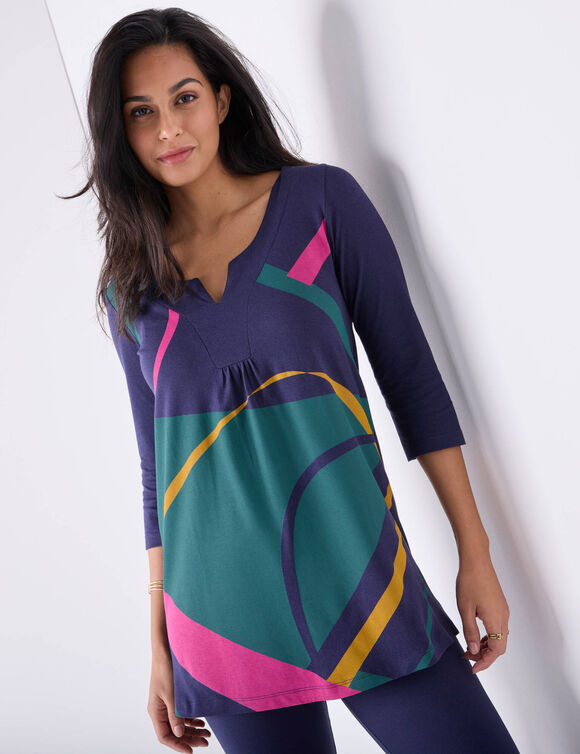 Tunique col V manches 3/4, imprimé graphique (marine / vert) Tunique col V manches 3/4, imprimé graphique (marine / vert)